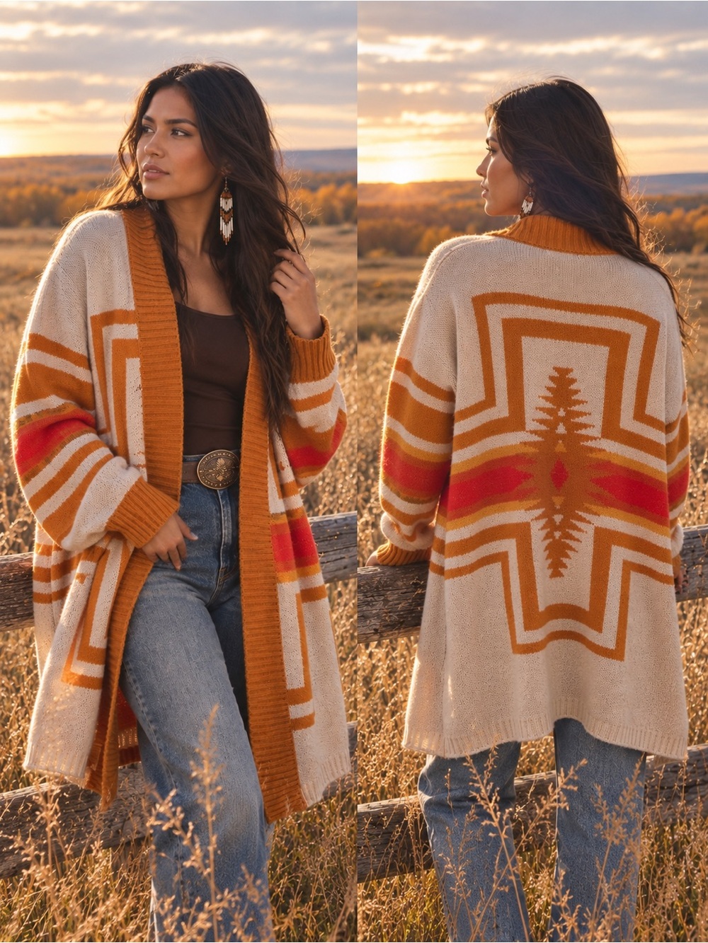 🧡 Main Strip | Geometric Longline Open Statement Cardigan | Cream | S 🤎